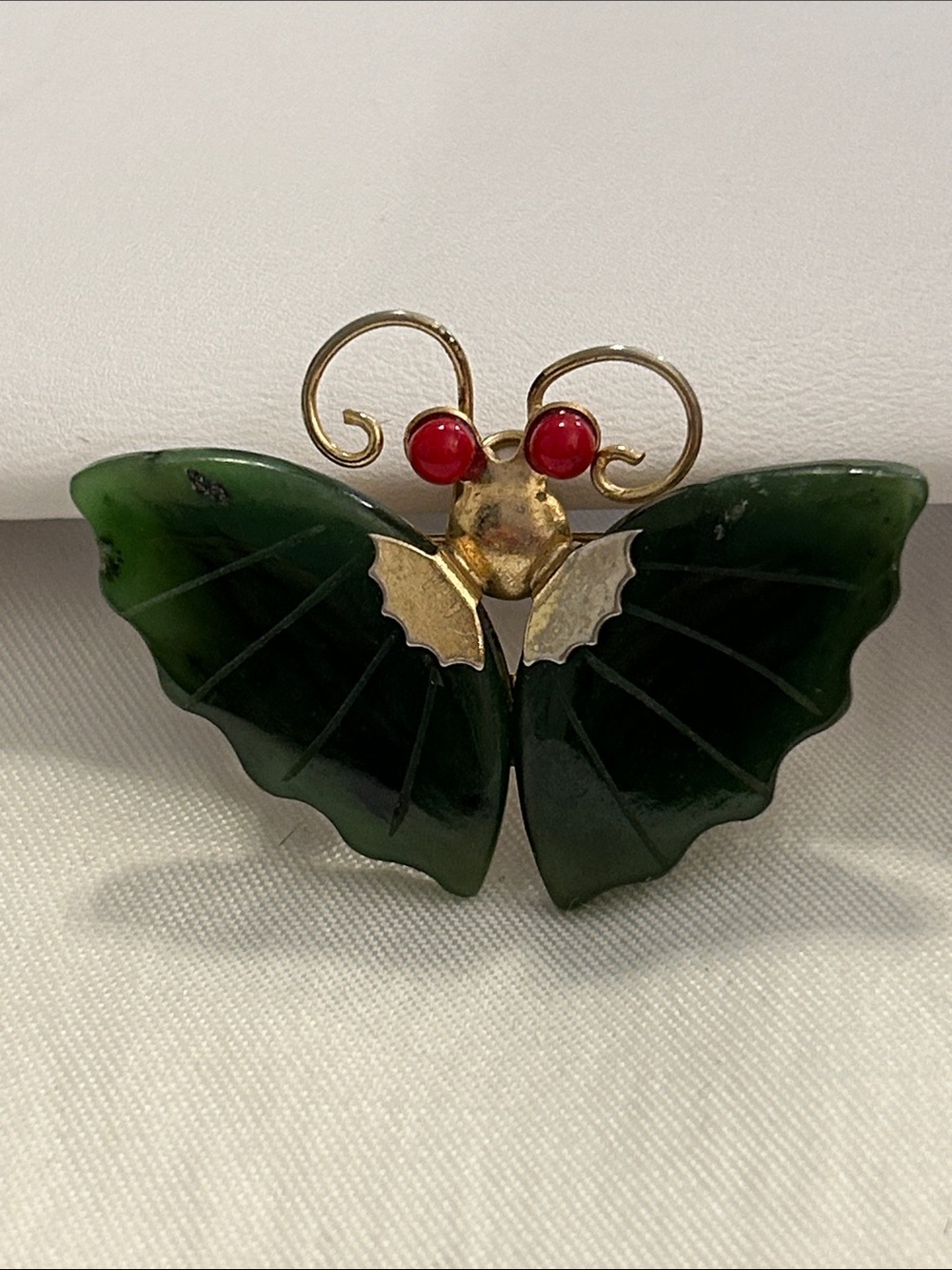 Green Jade Butterfly Pin/Pendant with Red Accents